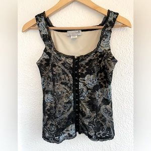 Stretch corset style sleeveless top with lace detail and baroque-style print